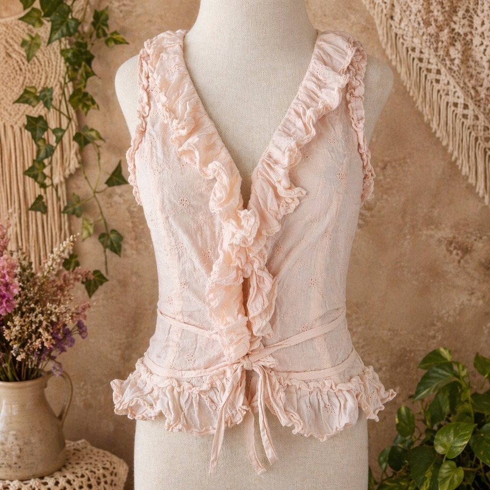 Chaudry KC Pink Eyelet Ruffle Crop Top Womens Small Boho Festival Y2K India NWT